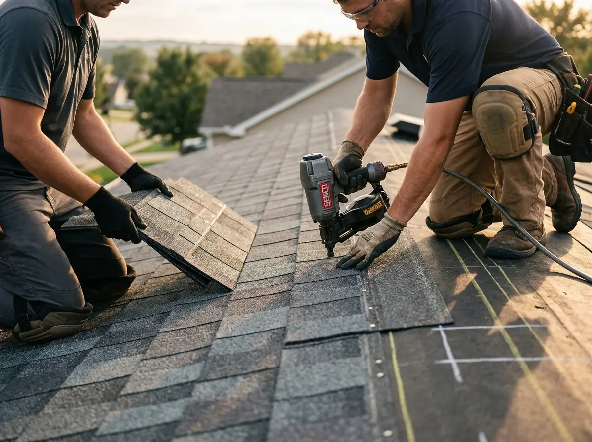 Professional roofer working on a residential roof in Panama City